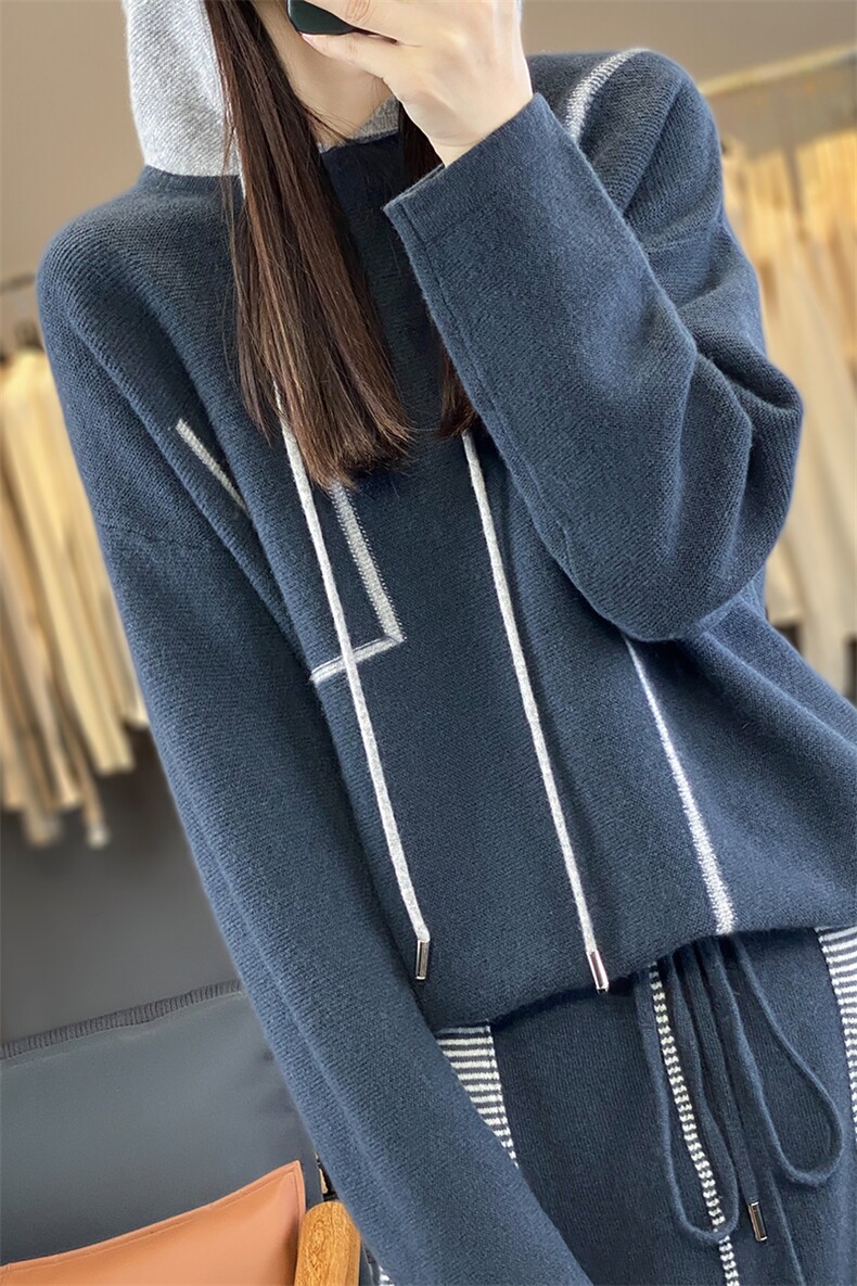 秋冬新款连帽抽绳100%羊绒衫女宽松拼色时尚慵懒羊毛针织打底上衣,女装羊毛衫,若菲羊绒