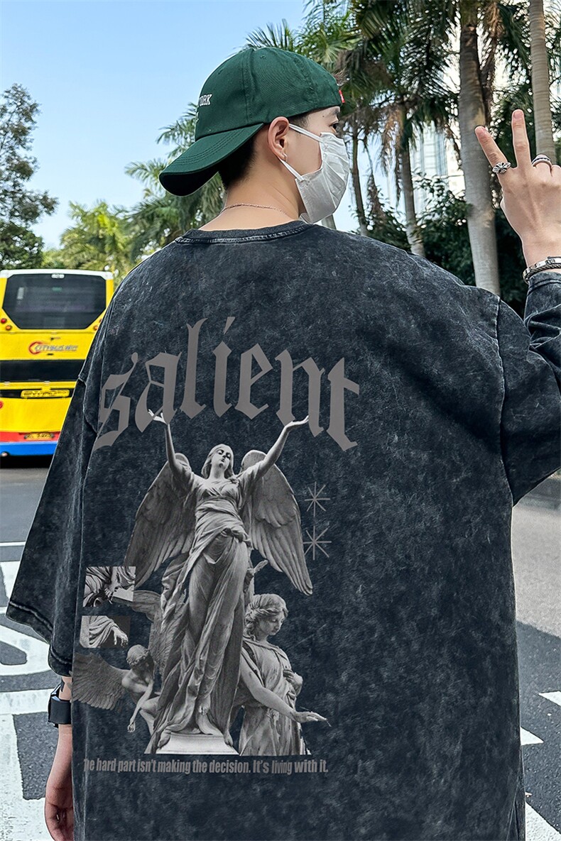 B239-1130-P38欧美式天使雕像印花复古水洗做旧落肩袖短袖T恤,男装T恤,星座514-2(原B239)