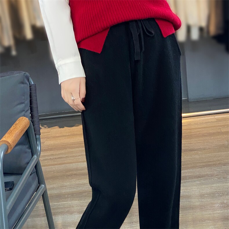 2025秋冬新款100%纯羊毛裤女宽松韩版高腰哈伦裤羊绒针织外穿裤子图片