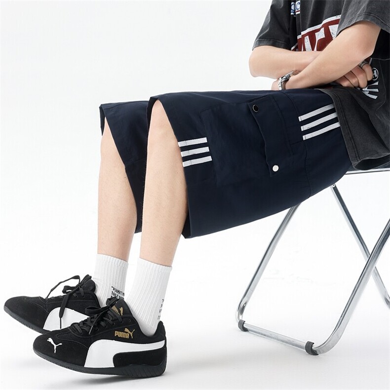 8XL-M三条杠工装短裤大码休闲运动中裤条纹冰丝五分裤DK1303/P48图片