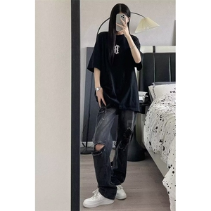 美式ins高街破洞牛仔裤 潮发型师个性拉链痞帅炸街长裤RK723-P47图片