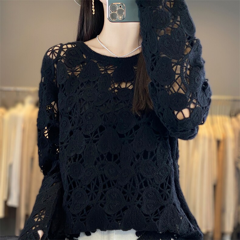 重工镂空钩花100%纯羊毛衫女圆领爱心刺绣长袖毛衣宽松慵懒羊绒衫，商品下架区商品下架区，优麦羊绒（原洪叶羊绒）