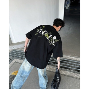 夏季新款t恤男纯棉花卉刺绣重磅上衣潮牌情侣短袖百搭宽松半袖图片