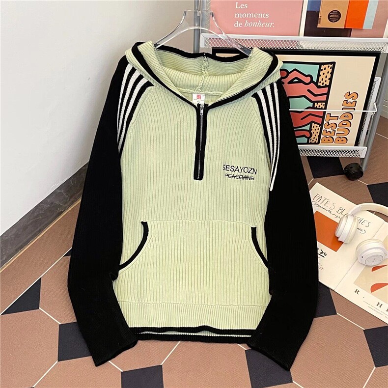 半拉链毛衣男冬季宽松针织衫拼接撞色慵懒风毛线衣外套MZ775-P41图片