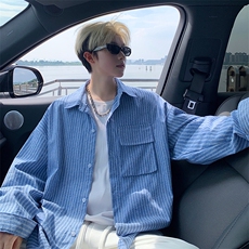 衬衫男秋季新款港风宽松大码立体口袋纯棉条纹长袖衬衣CS3099-P42，男装衬衫，星座214-3