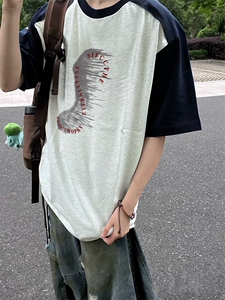 抖音得物高品质二开240克宽松纯棉美式潮牌插肩袖拼接短袖T恤图片