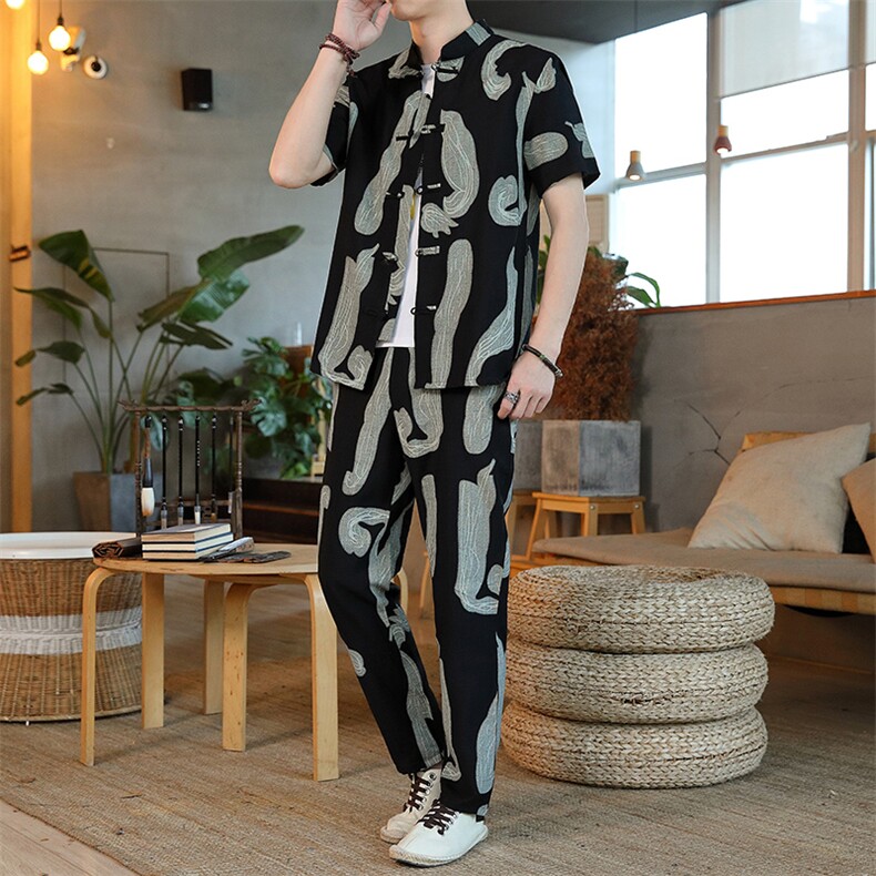 男士夏季风汉服棉麻透气舒适复古开衫唐装两件套HO6929-P65,男装民族服装,星座1105-3