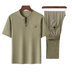 长年现货夏男中老年风亚麻套装中年短袖T恤套装棉麻长裤，男装中老年男装，钱塘723