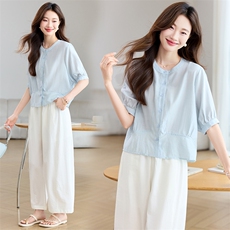 时尚减龄显瘦套装女夏2025新款宽松休闲气质短袖衬衫阔腿裤两件套，女装套装/套裙，木子恋