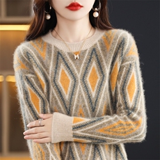 优雅气质几何图案衫女宽松显瘦长袖针织毛衣，女装羊毛衫，琳华羊绒