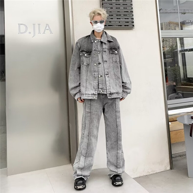 小众拼接设计垫肩牛仔外套男做旧水洗上衣夹克YT103P78裤子55,男装夹克,星座1116-2