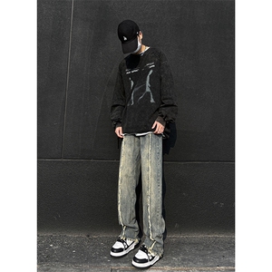 美式ins高街hiphop重工艺水洗毛边牛仔裤货号K712P65图片
