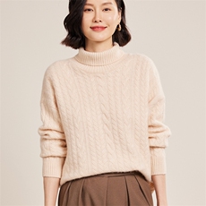 七针大绞花宽松高翻领女士羊绒衫30%羊绒，女装羊绒衫，名驰羊绒