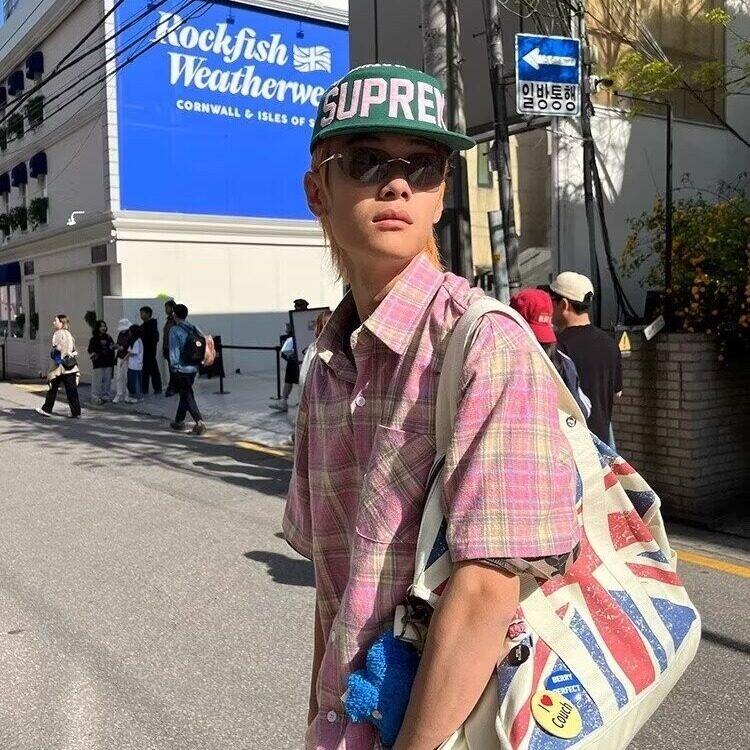 美式复古格纹短袖衬衫男女宽松休闲防晒衬衣外套夏季L70099-P35,男装防晒衣,星座1008