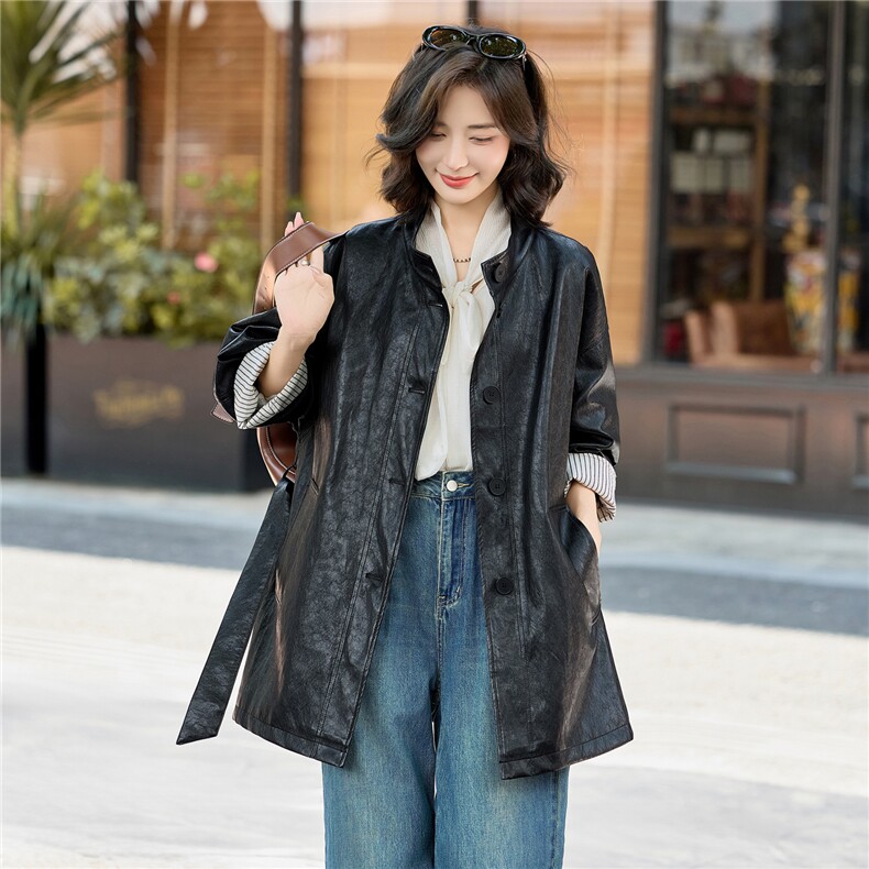 【大量现货】秋季女装新款时尚立领潮流金属丝中长款腰带皮衣外套,女装皮衣,魅衣本色