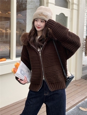 连帽大毛领针织开衫冬韩系慵懒风宽松毛衣外套，女装针织衫/毛衣，郎佰婉