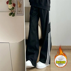 抖音得物高品质秋冬重磅加绒潮流运动三条杠宽松直筒休闲卫裤K360，男装休闲裤，电商A486-1