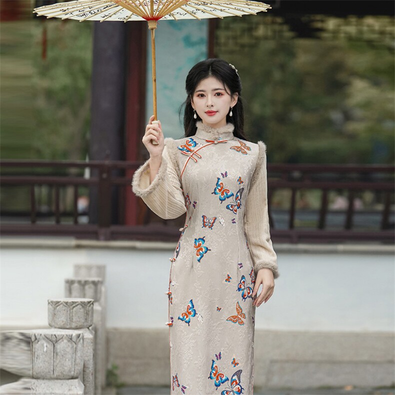 新中式风立领玉兔提花微喇袖口加绒旗袍2654P155,女装汉服/婚纱/旗袍/礼服,乐衣轩