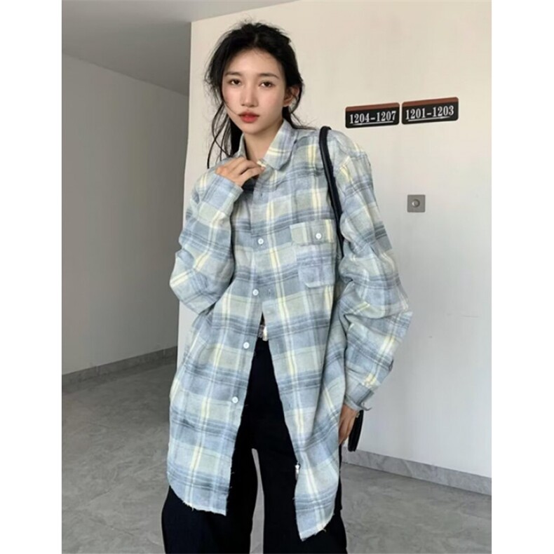格子衬衫女设计感宽松慵懒风小众长袖上衣春秋季新款衬衣CS003,男装衬衫,星座1116A（原606A-3）