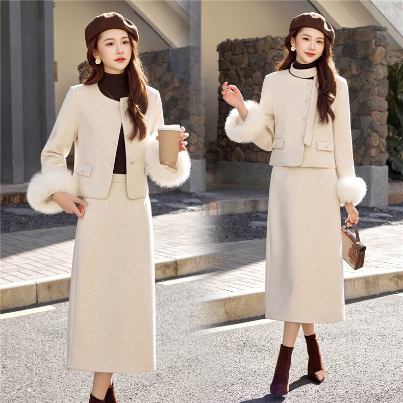 小香风羽绒服套装女冬季2025新款气质富家千金真狐狸毛毛呢套装裙，女装套装/套裙，煊芮熙