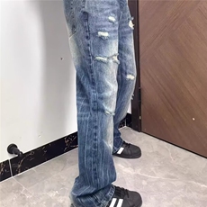 美式复古破洞微喇牛仔裤夏季高街设计感痞帅直筒休闲长裤AA05-P47，男装牛仔裤，星座208-5