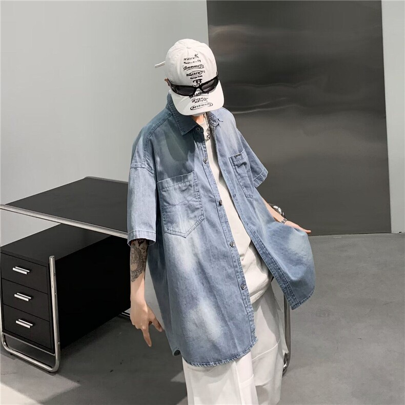 牛仔衬衫男夏季韩版潮流学院风短袖衬衣ins超火百搭宽松外套,男装工装外套,星座410-6（原星座1304-1）