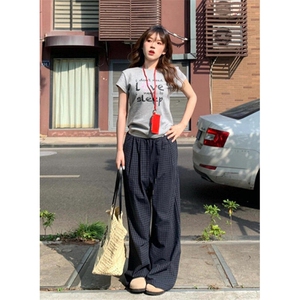 撞色腰格子长裤子2025新款复古薄款直筒运动休闲阔腿裤夏 KW35图片