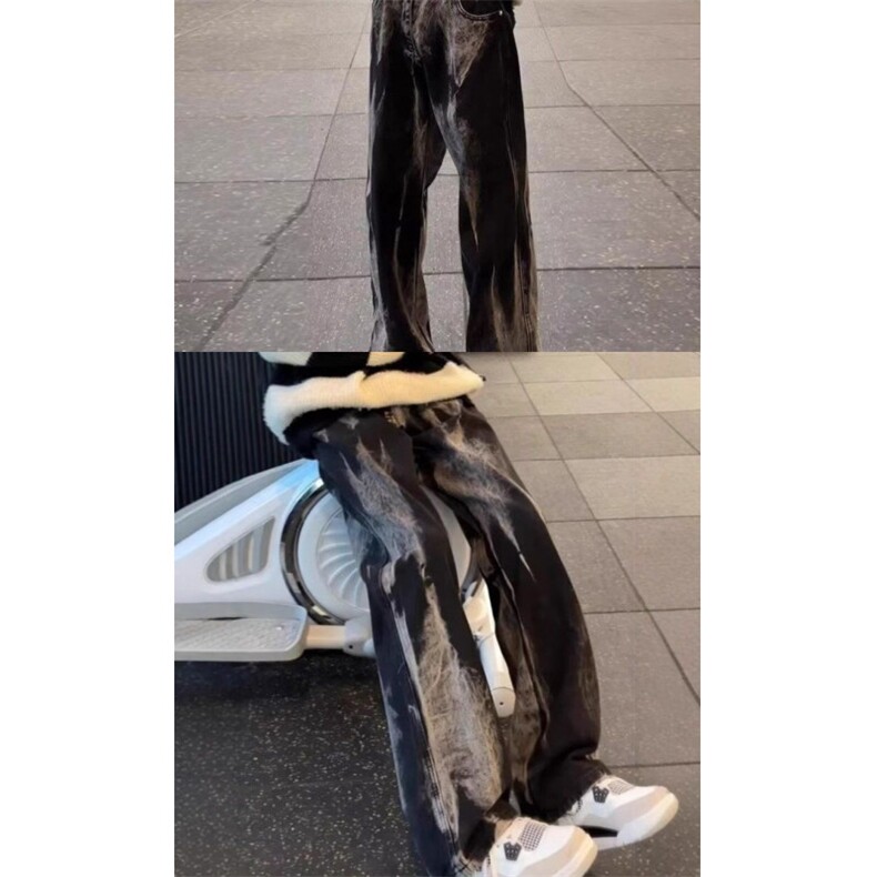 黑灰色扎染水洗牛仔裤男夏季潮牌修身显瘦裤子直筒微喇裤,男装牛仔裤,四季星座505