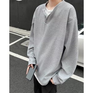 假两件亨利领长袖t恤男款2024春秋内搭打底衫宽松上衣服TY2800,帆布鞋冬天怎么搭配衣服图片
