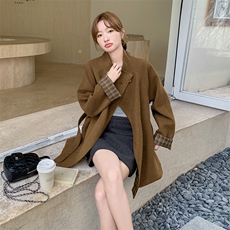 新款现货主推袖子拼色毛呢大衣9887-P175-K258，女装短外套，2C129