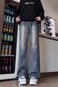 cleanfit黑色牛仔裤男款秋季欧美高街裤子显高显瘦直筒弯刀微喇裤图片