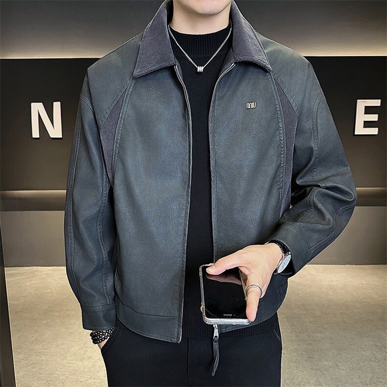 25619-M-4XL-P140店主风秋季新款翻领百搭拼接针织男士皮衣外套图片