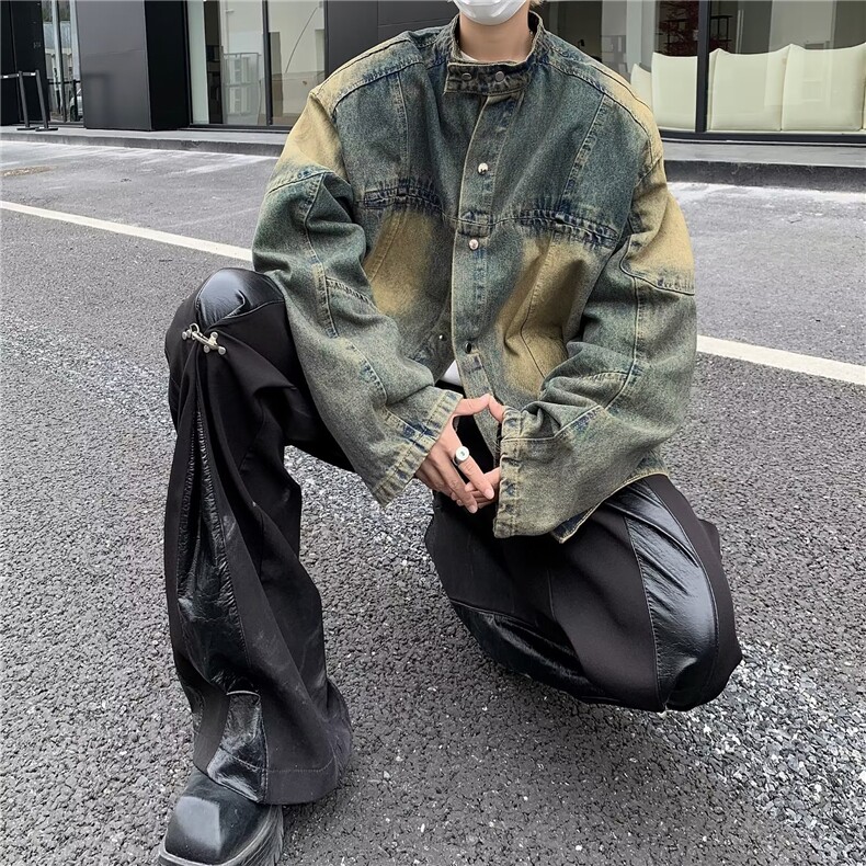 美式复古vibe牛仔外套秋季潮牌宽松水洗做旧上衣痞帅休闲立领夹克,男装夹克,星座601-2