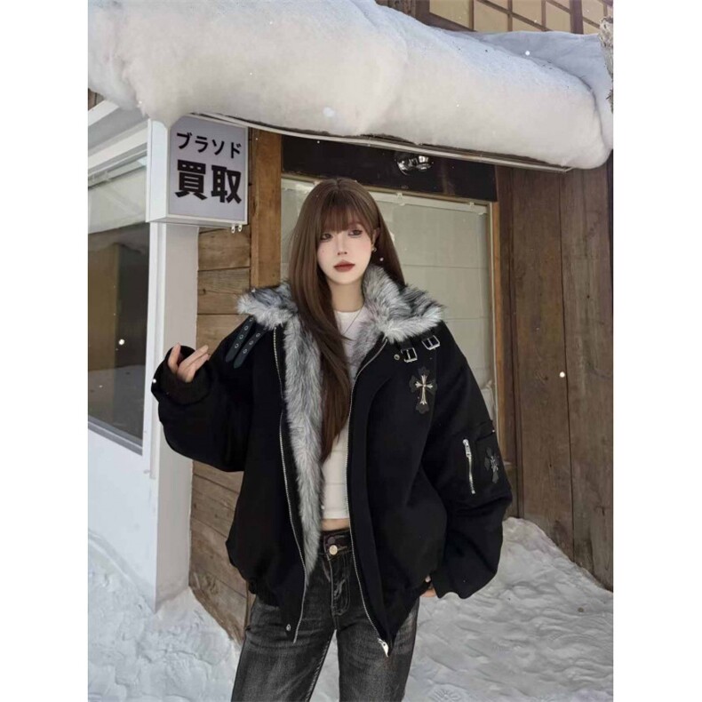 网图美式复古毛领十字架座山雕外套棉服男女冬季加厚保暖棉袄,男装棉衣,电商C307