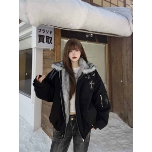 网图 美式复古毛领十字架座山雕外套棉服男女冬季加厚保暖棉袄图片