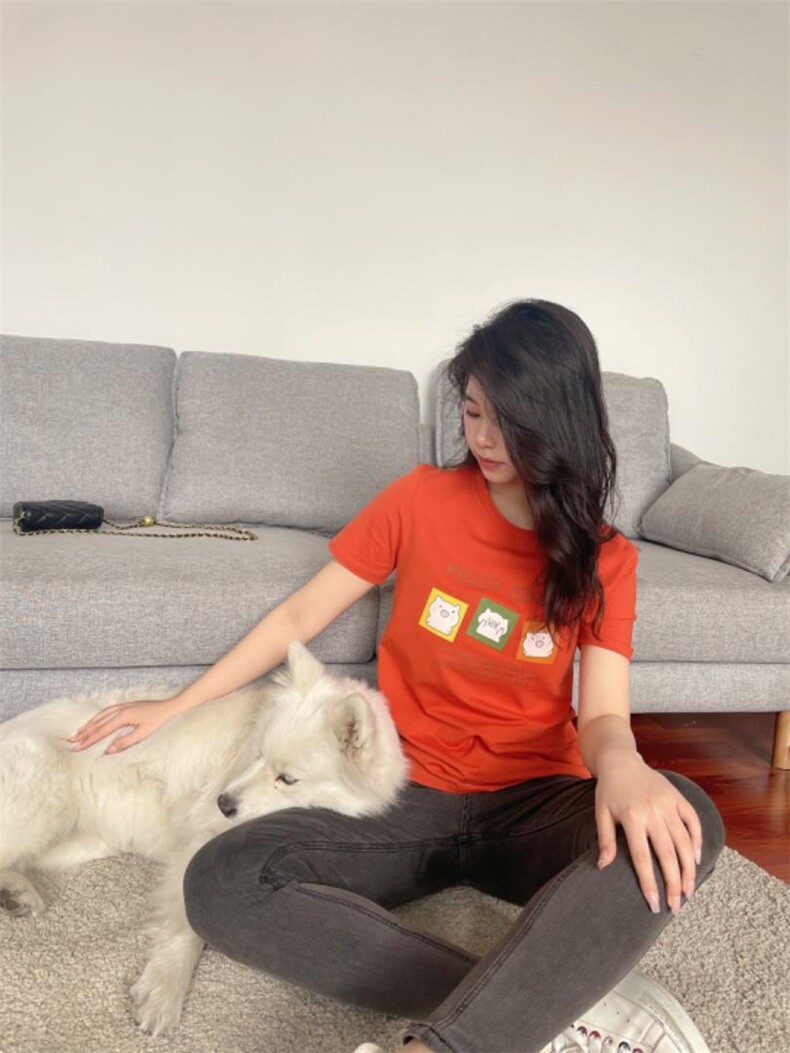 时尚印花迷你小猪休闲百搭短袖T恤,女装T恤,L·H·X