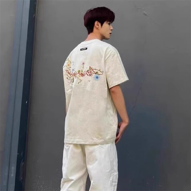 万针全刺绣工艺抖音得物高品质260克重磅纯棉双纱美式高街短袖T恤,男装T恤,电商A486