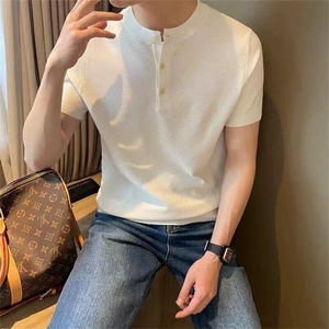无领男短袖新款潮牌男装夏季薄款冰丝t恤针织衫 S325图片