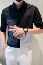 2025新款夏季短袖衬衫男潮牌发型师男装条纹衬衣A313-1-W520-P58，男装T恤，电商A313-1
