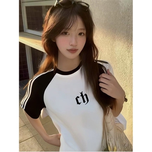 抖音得物品质二开240克宽松纯棉美式潮牌插肩三杠织带短袖T恤图片