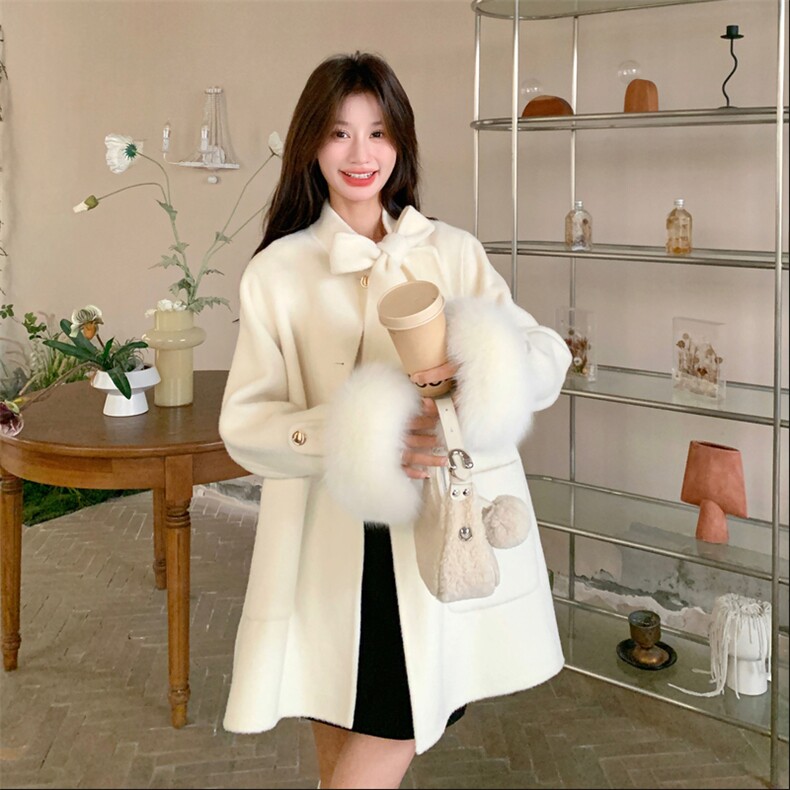 新款！冬装真狐狸毛双面羊毛呢大衣2C133-8991-P360-K498,女装毛呢外套,2C133