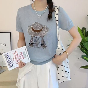 夏季女士薄款简约浅蓝色冰丝针织短袖T恤女2025新款爆款短款上衣图片
