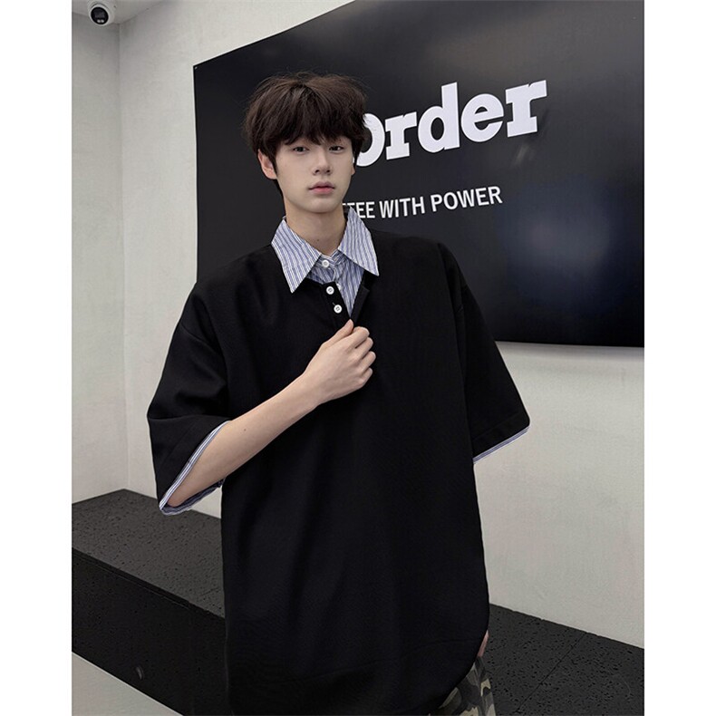 8XL-M假两件衬衫领短袖T恤大码夏季条纹拼接polo衫半袖DX1211/P45,男装Polo衫,电商B238