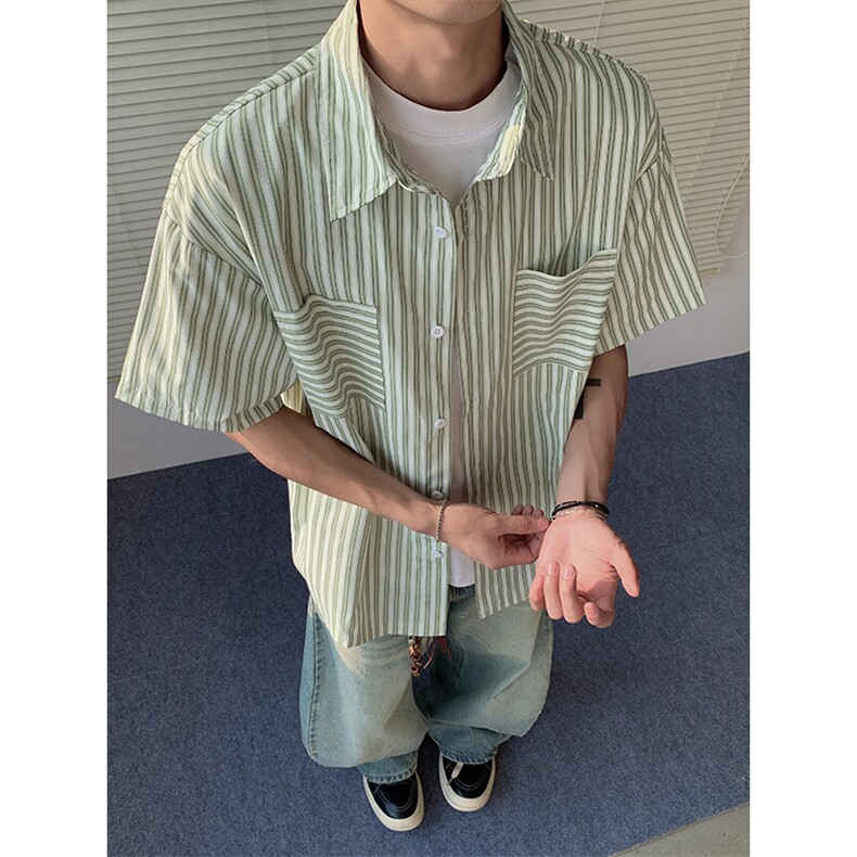 特批P30无差价夏季条纹港风翻领宽松五分短袖衬衫外套男CD5492,男装T恤,电商A001-1