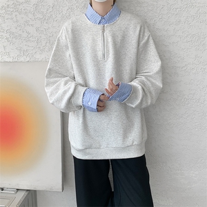 新款假两件条纹拉链衬衫领休闲春款卫衣 高街休闲学院卫衣 特P50图片