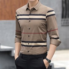 2023春秋季新款条纹衬衫男长袖中年男装潮流商务休闲宽松薄款寸衫，男装衬衫，电商B212（原钱塘6029）