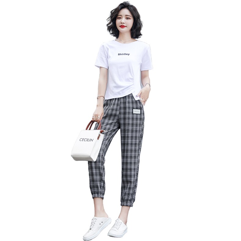 2021夏季时尚潮流修身格子裤纯色T穿着舒适清凉休闲两件套,女装连衣裙,奋斗女王