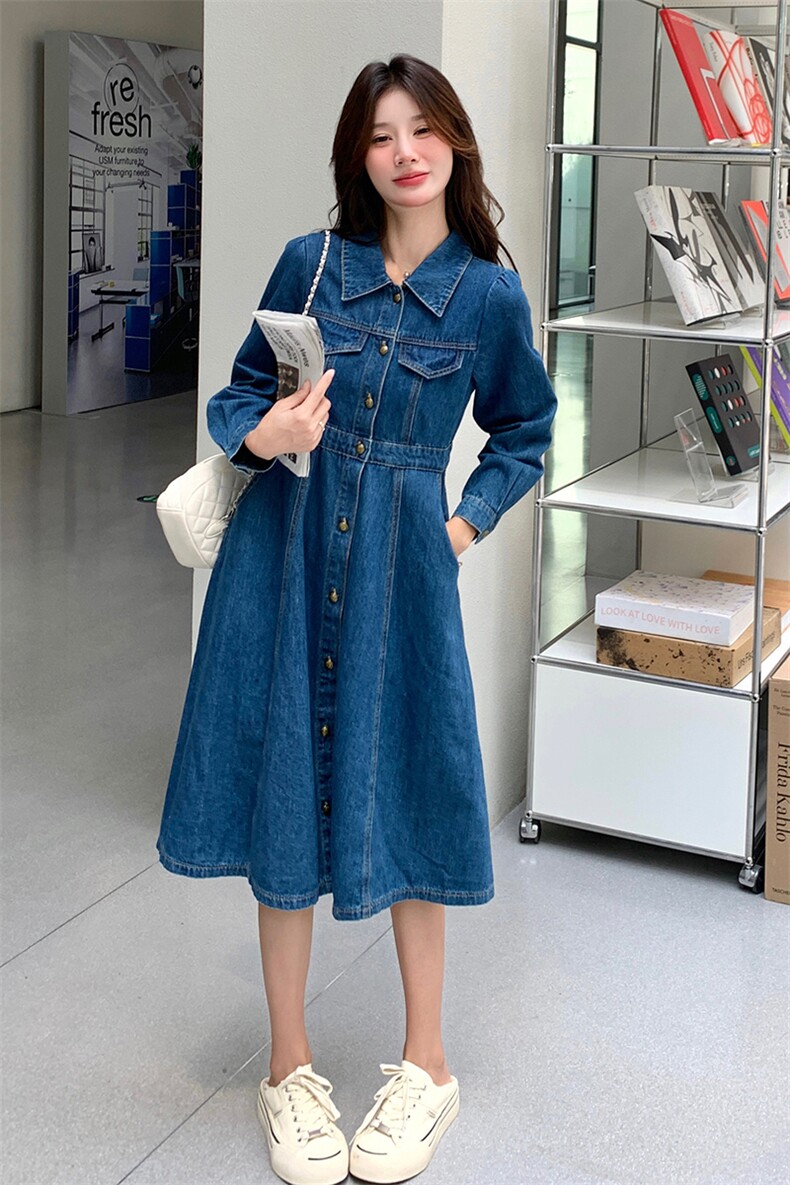 韩版复古牛仔连衣裙女2025年春秋季新款设计感收腰显瘦气质A字裙,女装牛仔裙,天使之佳话