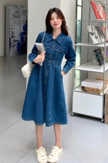 韩版复古牛仔连衣裙女2025年春秋季新款设计感收腰显瘦气质A字裙，女装牛仔裙，天使之佳话