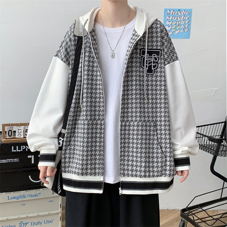 2023秋装青少年港风时尚千鸟格连帽棒球服夹克外套男士7313-P120,男装夹克,电商A441-1